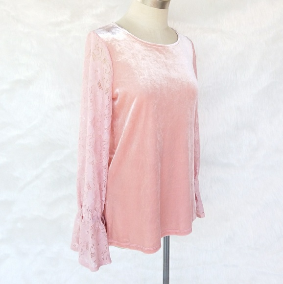 Kensie Pink Velvet Top Floral Lace Sleeves - Picture 2 of 8